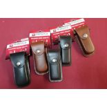 Five as new ex shop stock Whitby & Co leather folding knife belt sheaths