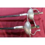 Pair of reenactors style Rapier swords with cut basket hilts and scabbards, the tri-form blades