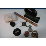 Selection of various military items including stable belt, Green Howard's brass belt buckle, axe