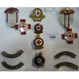 Sheet of various Red Cross insignia, including WWI period shoulder titles for Glamorgan and Red