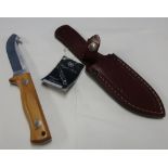 As new Miguel Nieta knife with 4 inch blade in stitched leather sheath