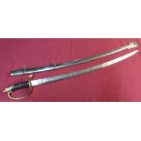 American cavalry sabre with 31 1/2 inch slightly curved blade marked US Pluribus, with pierced brass