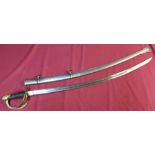US cavalry type sword with 34 1/2 inch slightly curved single fullered blade stamped USADK 1862,