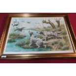 Framed and mounted print signed S F Ruty, of setters flushing out ducks