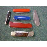 Sika branded blue Swiss army knife, two other Swiss army type knives, single blade folding knife and