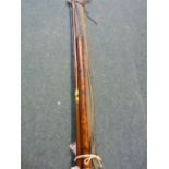 Victorian bamboo landing net handle, with screw top containing two rod tips, two piece fibre glass