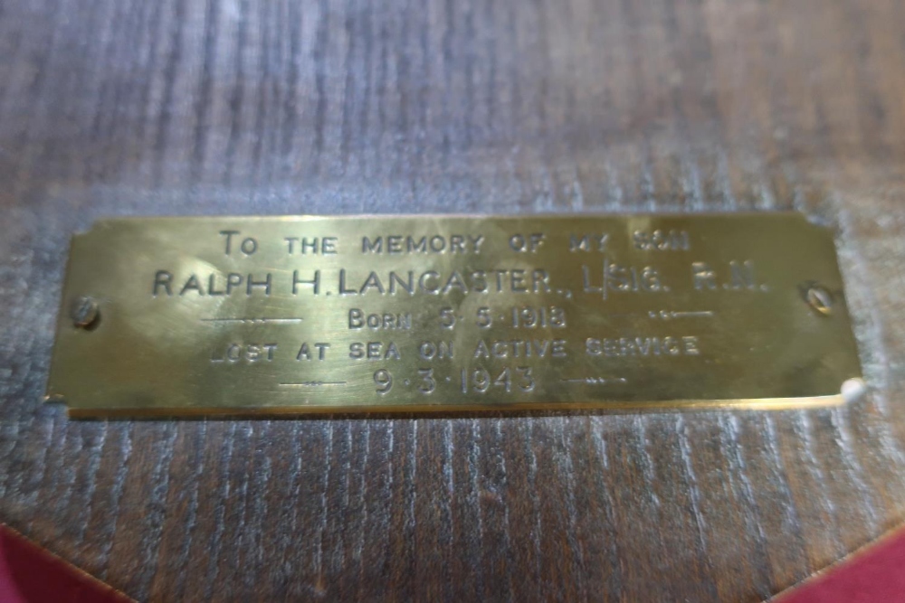 Royal Navy oak wall shield with brass plaque to the rear marked 'The Memory Of My Son Ralph. H - Image 5 of 5