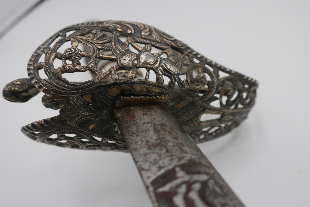 Early George III 18th C silver hilted sword with 30 inch double edged straight blade with engraved - Image 3 of 6
