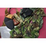 Pair of Sub Zero gloves, Ruger water bottle, RAF camouflage tunic, suede shooting jacket, and