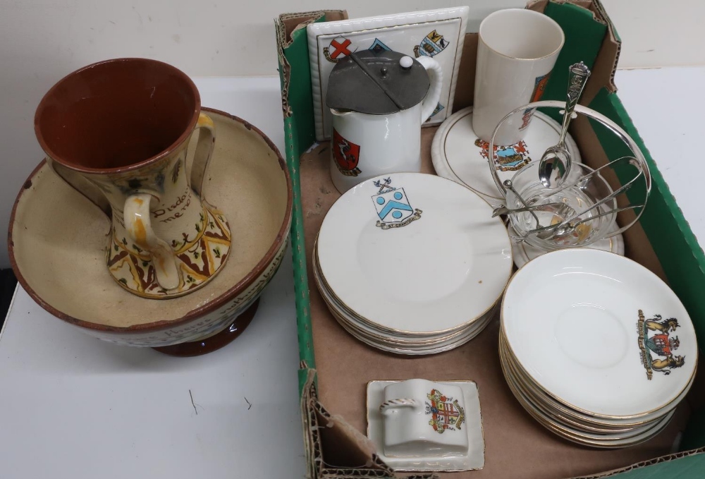 WH Goss crested china jug with pewter lid, WH Goss beaker, selection of Goss saucers, tea plates etc