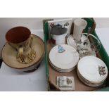 WH Goss crested china jug with pewter lid, WH Goss beaker, selection of Goss saucers, tea plates etc