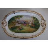 Victorian porcelain oval dish, the centre naively painted with deer and children flower picking in a