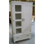 Contemporary white finish wardrobe enclosed by double doors, one glazed, with part fitted interior