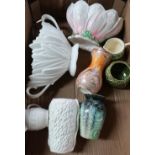 Collection of Sylvac pottery, including a Belleek style jug, molded flower vases, etc (8)