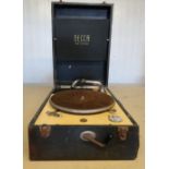 Brunswick portable gramophone in red leatherette case, and a Decca 50 portable gramophone in black