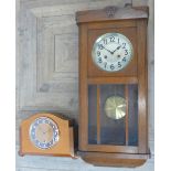 20th C oak cased wall clock, circular silvered Arabic dial with twin train movement striking half
