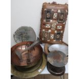 1950s revolving and shop display , a hand beaten copper bowl, and eastern brass tray, tambourine