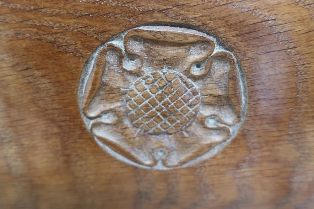 Yorkshire oak childs chair, panel back carved with a Yorkshire rose, brass nail upholstered seat, on - Image 2 of 2