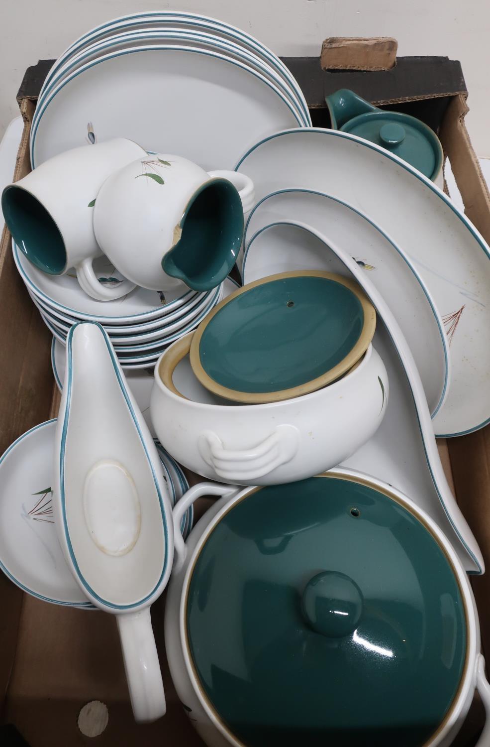 Quantity of Denby Greenwheat pattern dinner ware including two tureens, oval and circular dishes,