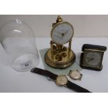 Small Bentima Anniversary Clock under glass dome with instructions, guarantee and key, a gold plated