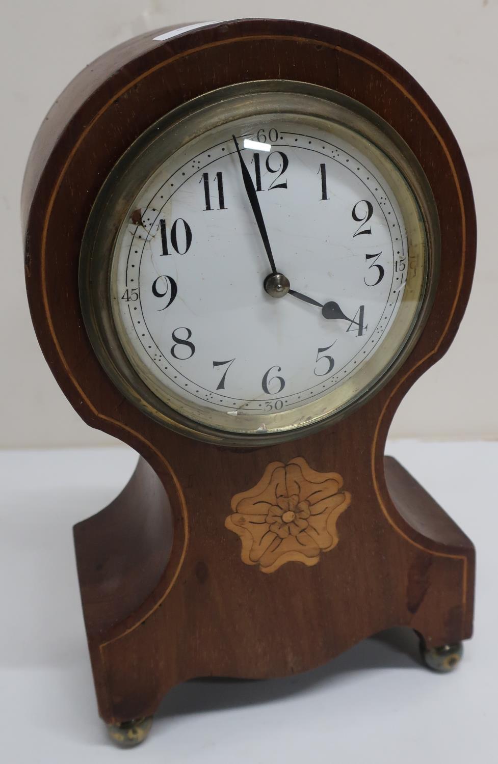 Edwardian mahogany cased balloon clock with boxwood inlay and central Yorkshire Rose inlaid