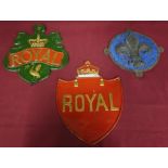 20th C patinated copper & blue enamel Scout hut emblem and two pressed copper "Royal" shields (3)