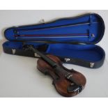 Violin with two piece figured back (length 59cm) with two bows, in fitted case