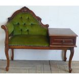 French Rococo style telephone table with buttoned upholstered back and single drawer on cabriole