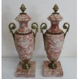 Pair of gilt metal mounted serpentine marble urn shaped mantel vases, with pineapple finials and