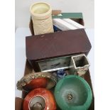 Box of various glass including a Royal Winton Vase, oak mantel clock etc