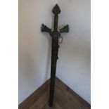 Large cast bronze Chinese decorative sword with scroll grip and dragon guard, in scabbard (95cm)