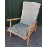 Scandart beech framed open arm chair with upholstered back and loose seat cushion
