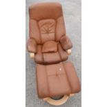 Himolla tan leather easy chair and matching footstool with light wood supports (worn arms/seats)