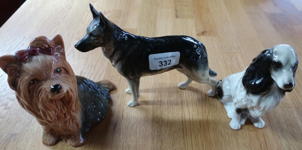 Sylvac model of a Yorkshire Terrier, Beswick model of an Alsatian, and an unmarked model of a