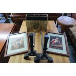 Pair of early 20th century cast iron fireside dogs, embossed brass magazine rack and two Pears