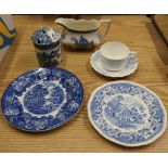 Large Booth's Real Old Willow Pattern oval dish, Willow pattern rectangular tea caddy and cover,