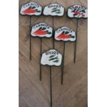 Six painted cast metal garden seed bed signs, onion, tomato, carrots (length 33cm)