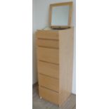 Beech finish six drawer vanity chest, hinged top with mirror (41cm x 123cm x 48.5cm)