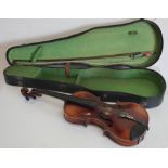 Violin with two piece figured back stamped Stainer (length 69cm) with bow, fitted case