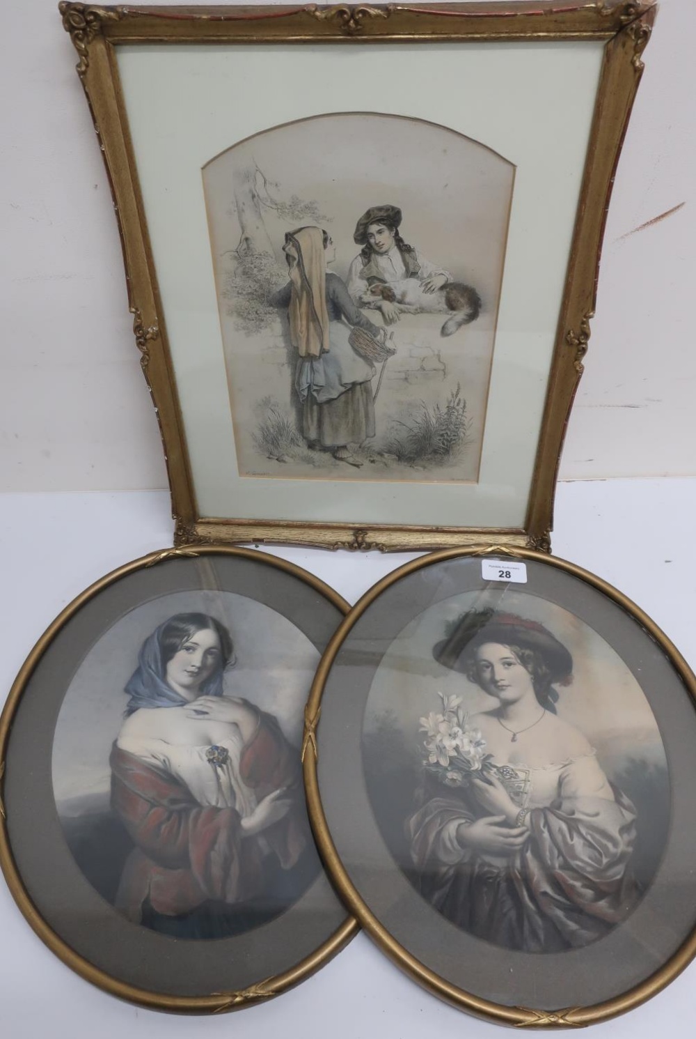 Pair of 19th C hand coloured oval engravings in Regency style frames and a 19th C hand coloured