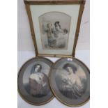 Pair of 19th C hand coloured oval engravings in Regency style frames and a 19th C hand coloured