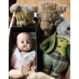 Pedigree composition baby doll with sleeping eyes, two plush teddy bears and a similar model of a