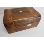 Victorian walnut jewellery box with Tunbridge ware binding and interior tray (23cm x 14cm)