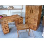 Art Deco walnut bedroom suite comprising kneehole dressing table, tallboy and stool (3)
