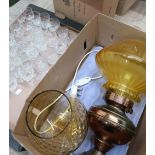 1970's vase with amber tint bowl, table lamp with amber shade, two boxed sets of coloured and gilt