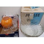 A-1 Jubilee clear glass punch set, with circular bowl on stand and twelve cups, in original box,
