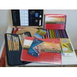 WHSmith unused watercolour set in wooden case, various watercolour sticks, brushes, colour
