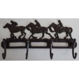 Horse and jockey cast metal coat rack with four hooks (40cm)