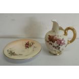 Royal Worcester jug, shape 1094 RD No.29115, blush body painted with flowers, scroll handle, and a