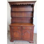 George III oak style dresser, twin shelf back with shaped frieze above two drawers with arched